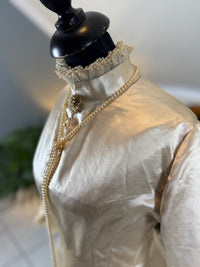 Antique Wedding Dress 1882 – Cream Satin Silk with Pleated Trims, Lace & Faux Pearls, Kate Rimer Provenance