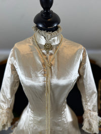 Antique Wedding Dress 1882 – Cream Satin Silk with Pleated Trims, Lace & Faux Pearls, Kate Rimer Provenance