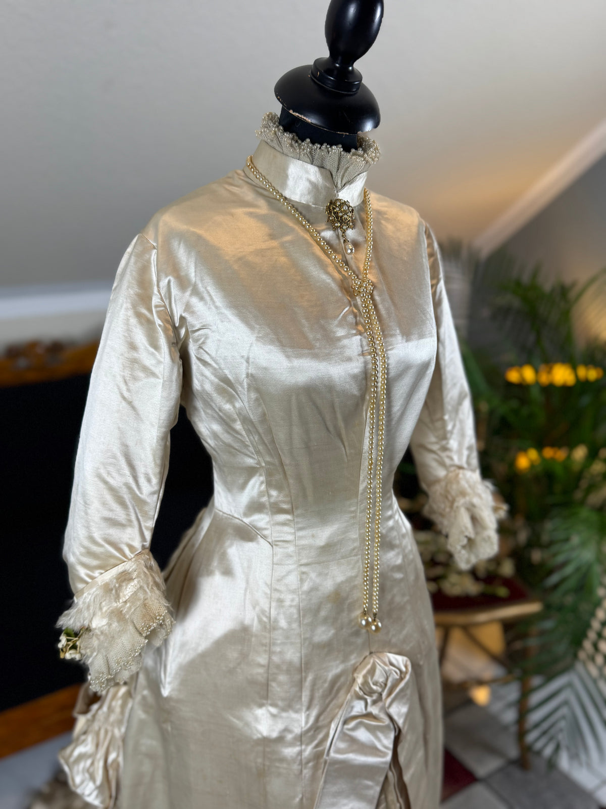 Antique Wedding Dress 1882 – Cream Satin Silk with Pleated Trims, Lace & Faux Pearls, Kate Rimer Provenance