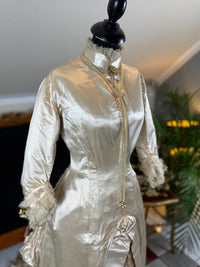 Antique Wedding Dress 1882 – Cream Satin Silk with Pleated Trims, Lace & Faux Pearls, Kate Rimer Provenance