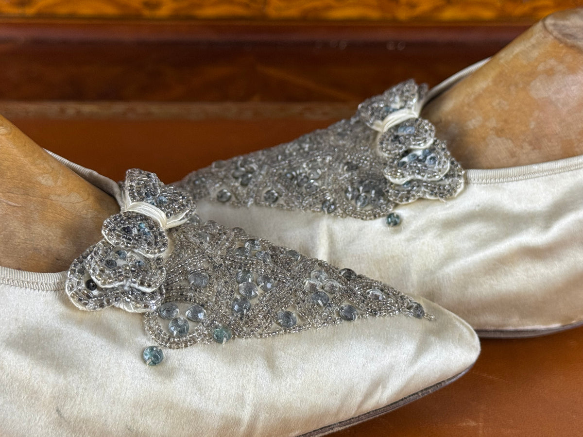 Antique 1911 silk wedding shoes with glass beads by Hook, Knowles & Co. and Lady Gillman provenance