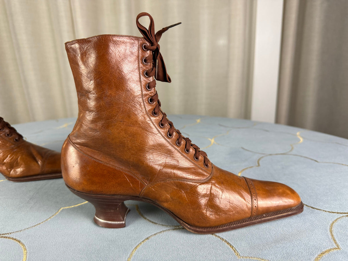 Unworn antique leather lace‑up boots by Stiller, Berlin, ca. 1906