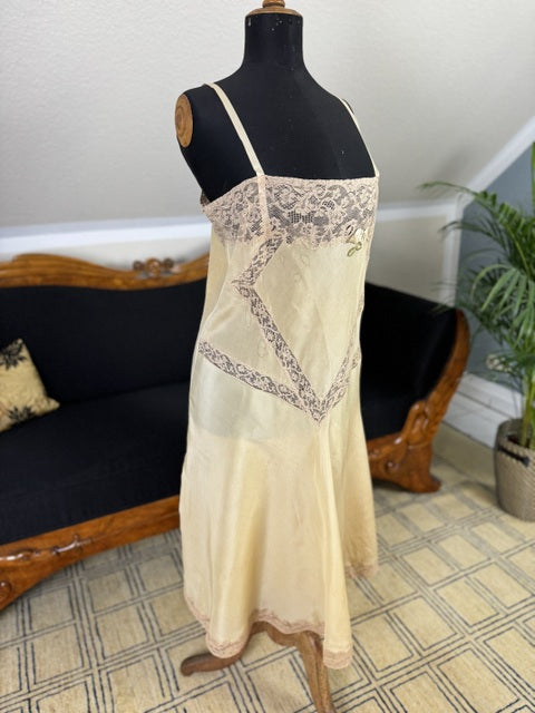 Marshall Field & Co. 1920s yellow silk chemise with ecru lace and rosette appliqué, antique lingerie.