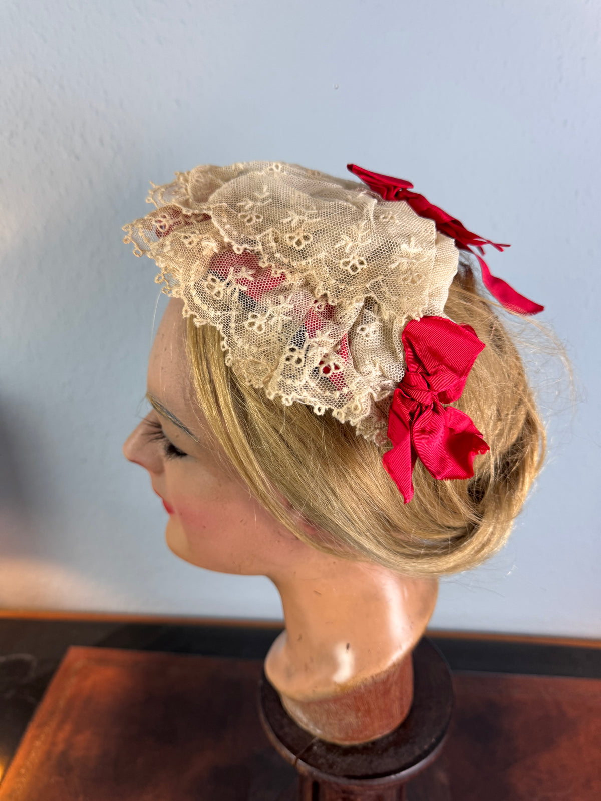 Victorian lace bonnet with red ribbons, indoor house bonnet ca. 1880, well preserved.