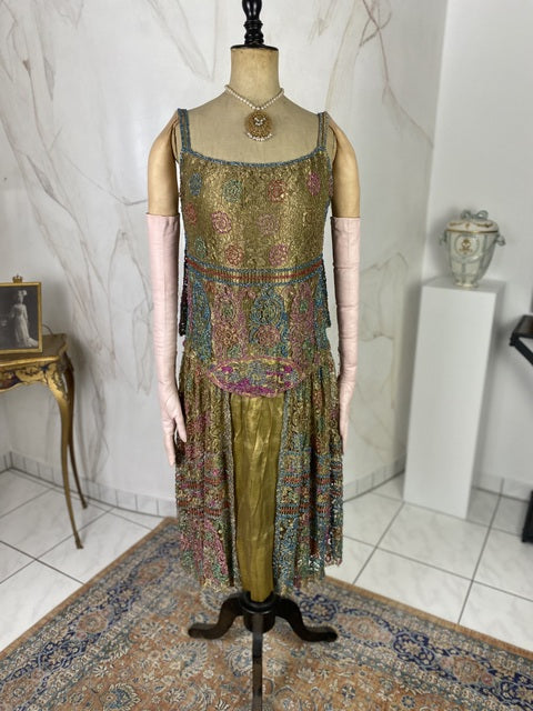 Embroidered lamé evening dress, America, ca. 1926