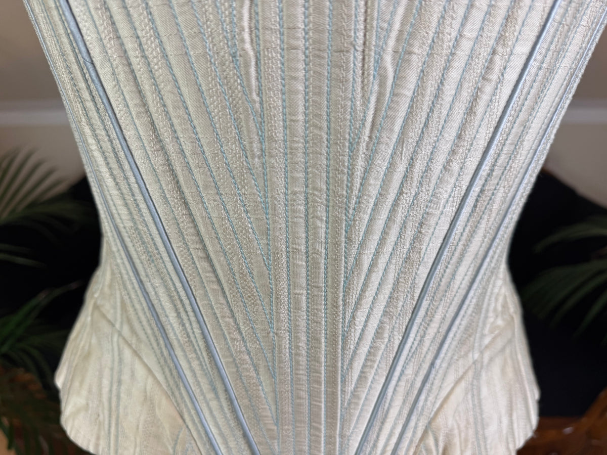 One‑piece vintage blue silk corset in 18th‑century style with hip gores and back lacing, English manufactory, excellent condition