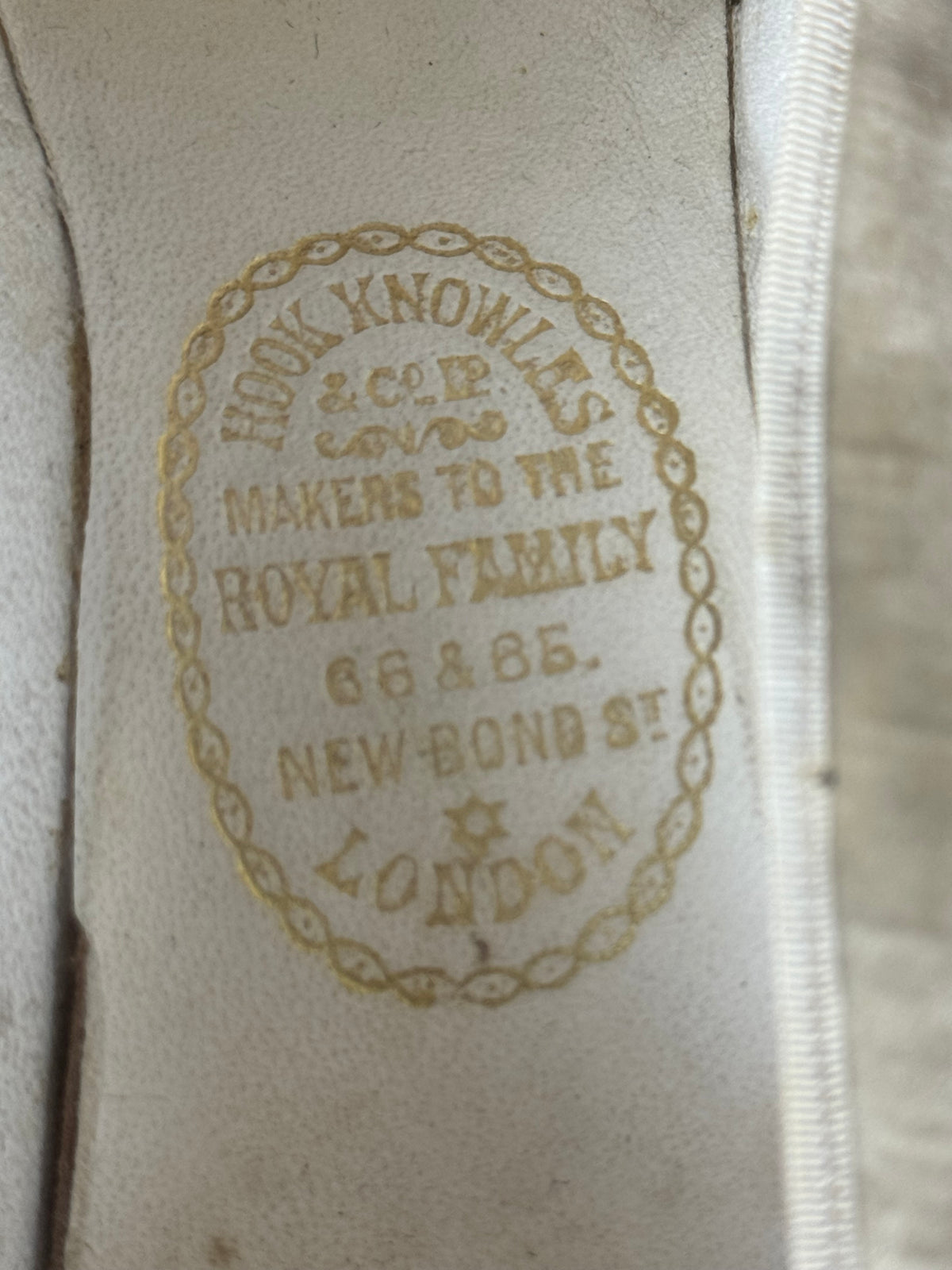 Antique 1911 silk wedding shoes with glass beads by Hook, Knowles & Co. and Lady Gillman provenance