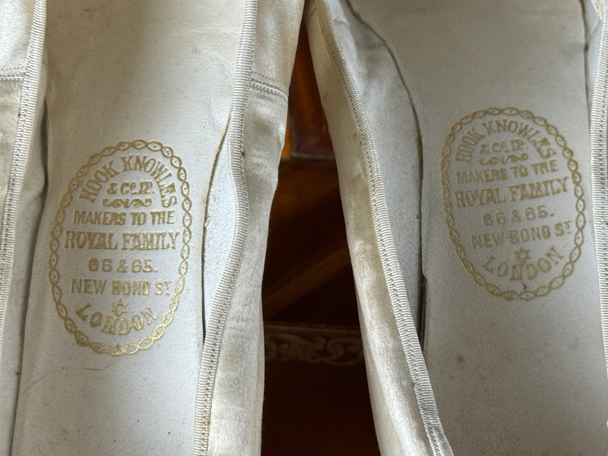 Antique 1911 silk wedding shoes with glass beads by Hook, Knowles & Co. and Lady Gillman provenance
