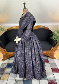1847 Biedermeier visiting gown in brown silk with wide pagoda sleeves and fitted bodice, antique dress