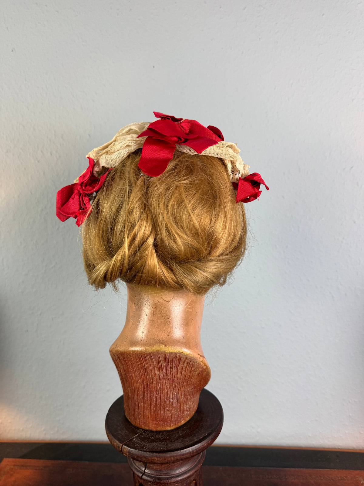 Victorian lace bonnet with red ribbons, indoor house bonnet ca. 1880, well preserved.