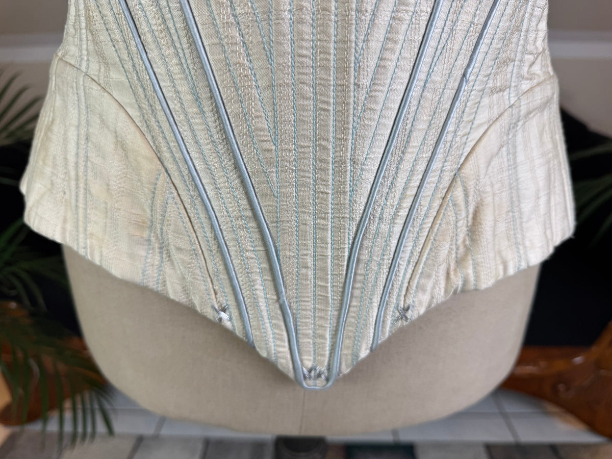 One‑piece vintage blue silk corset in 18th‑century style with hip gores and back lacing, English manufactory, excellent condition