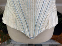 One‑piece vintage blue silk corset in 18th‑century style with hip gores and back lacing, English manufactory, excellent condition