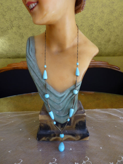 Art Deco Halskette aus blauem Glas im Robin's Egg-Stil, 1920er