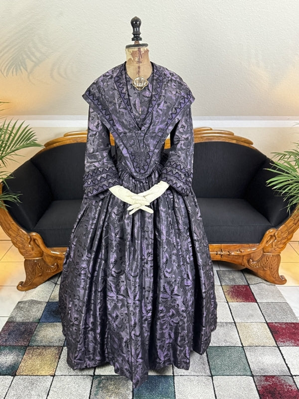 1847 Biedermeier visiting gown in brown silk with wide pagoda sleeves and fitted bodice, antique dress