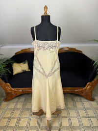 Marshall Field & Co. 1920s yellow silk chemise with ecru lace and rosette appliqué, antique lingerie.