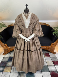 1850s brown striped silk governess dress with lace insert and tiered sleeves, antique Victorian gown