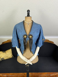Antique blue linen jacket with soutache appliqués