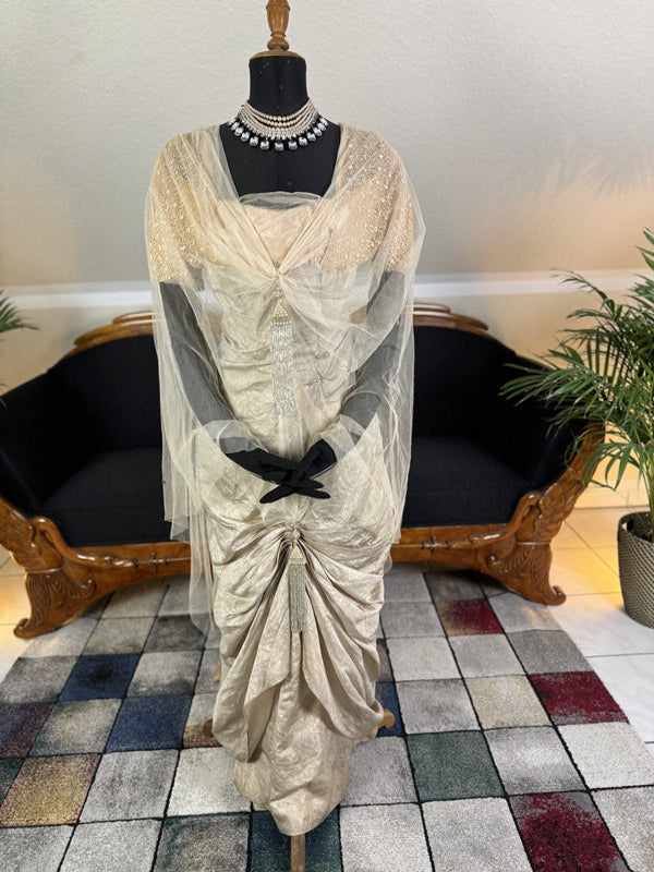 1912 Titanic‑era antique evening dress in ivory silk with lace bodice, draped skirt and rhinestone details, antique gown
