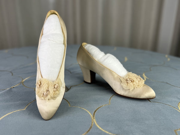 Titanic era wedding shoes, 1912, ivory silk bridal shoes