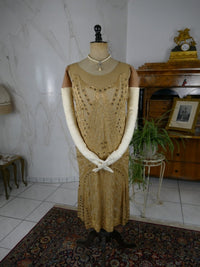 Golden yellow embroidered flapper dress, early 1920s