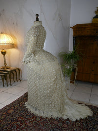 Late 1870s silk lace overdress with Bohemian glass beads and wide cuffs, antique Victorian gown