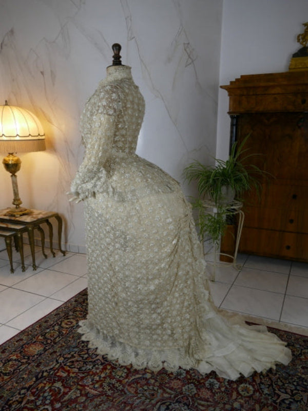 Late 1870s silk lace overdress with Bohemian glass beads and wide cuffs, antique Victorian gown