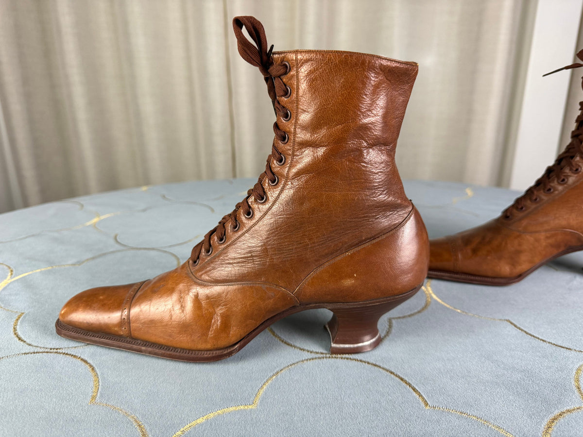 Unworn antique leather lace‑up boots by Stiller, Berlin, ca. 1906