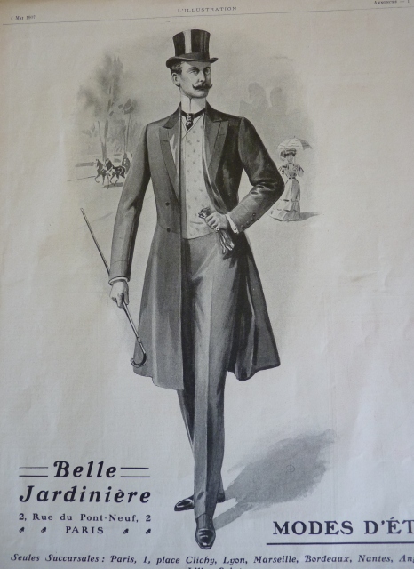 Maennermode 1907, edwardianischer Anzug, Mode Paris 1900, Gehrock antik, antiker Herrenanzug