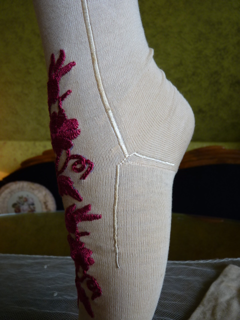 Antique pre Victorian era pair of French burgundy stripes silk stockings 19th century ribbed embroidered hoses